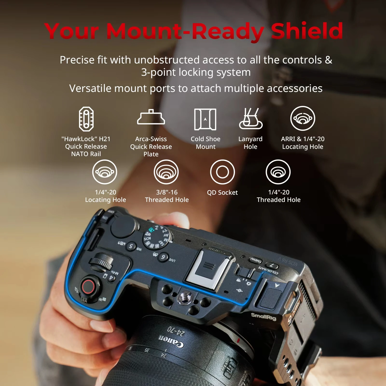 SmallRig HawkLock 퀵 릴리스 카메라 케이지(아카-스위스 플레이트 콜드 슈 확장 슬롯 포함) Canon EOS R6 V 6372용
