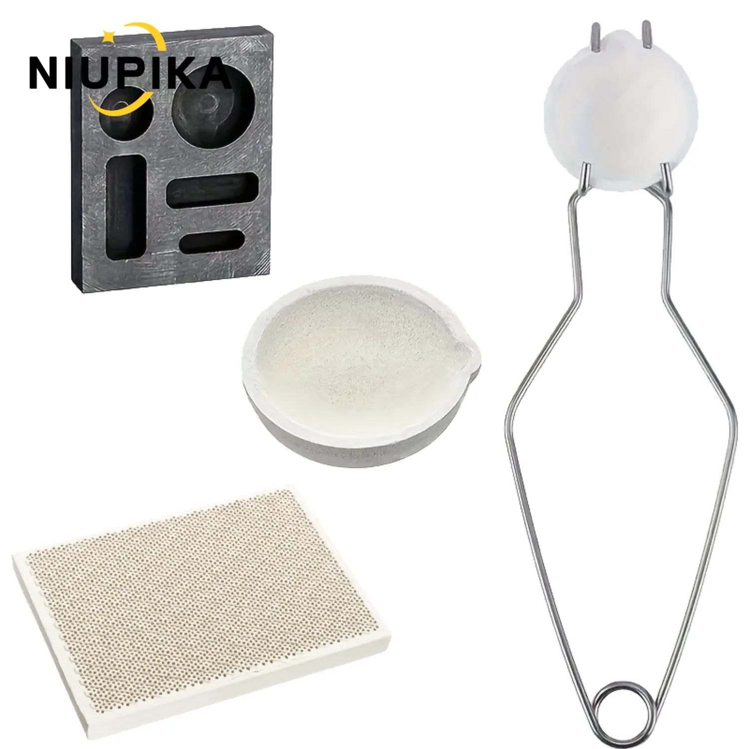 

NIUPIKA Jewelry Gold Melting Tools Kit 4pcs Jewelry Refractory Brick Welding Plate Cast Ingot Mold Melting Bowl Clamp Kit