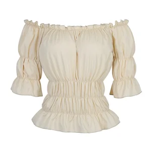 Vintage mittelalterlicher Piratenkostüm für Frauen, Steampunkbluse, Renaissance -Bauer, Schulterausschub, kurzes Hemd 10 Hauptbauernverkleidungskleidung - №5