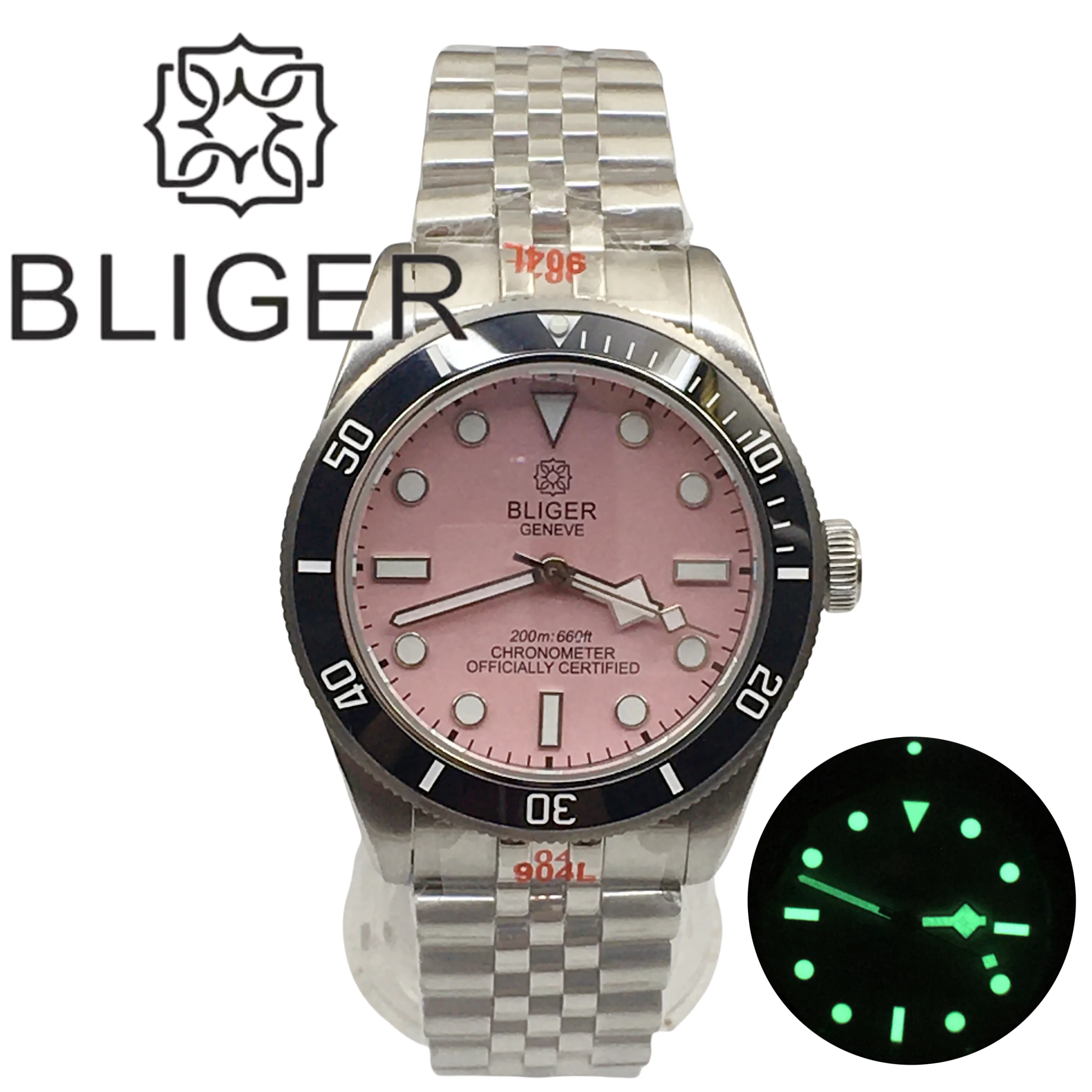 BLIGER 39mm Dive Watch NH35 Automatic Mechanical Pink Dial apphire Ceramic Insert Rotating Luminous Waterproof Fashion Watch