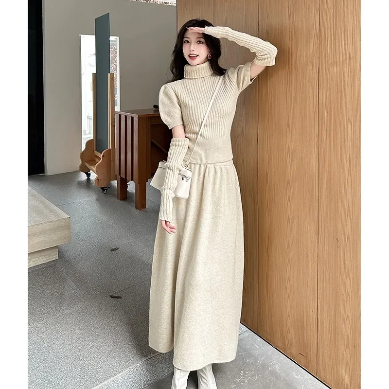 

Корейский стиль, вязаные костюмы из двух предметов, женские осенне-зимние водолазки, свободный свитер + юбка с эластичной резинкой на талии, базовый комплект из 2 предметов, наряды