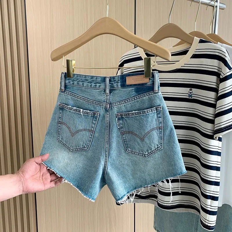 

High Waist Wide Leg A-Line Shorts Women's Summer Denim Jeans Retro Frayed Hem Casual Versatile Hot Pants