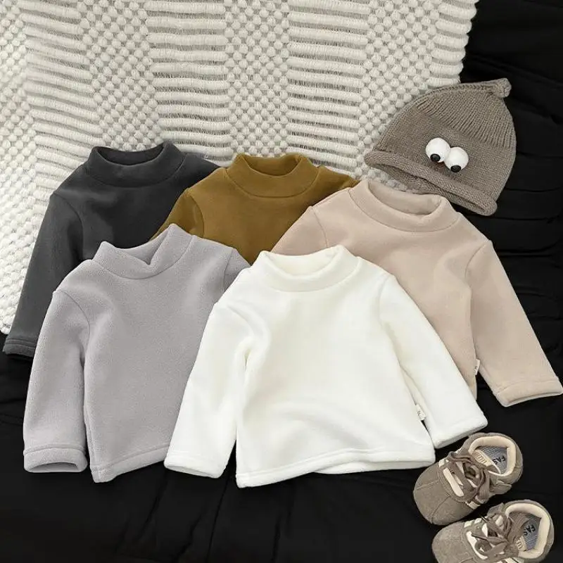 Ragazzi Ragazze T-shirt in cotone Infantile più Velluto spesso Pullover Vestiti per bambini 2025 Inverno Nuovo bambino in pile che tocca le camicie Solido
