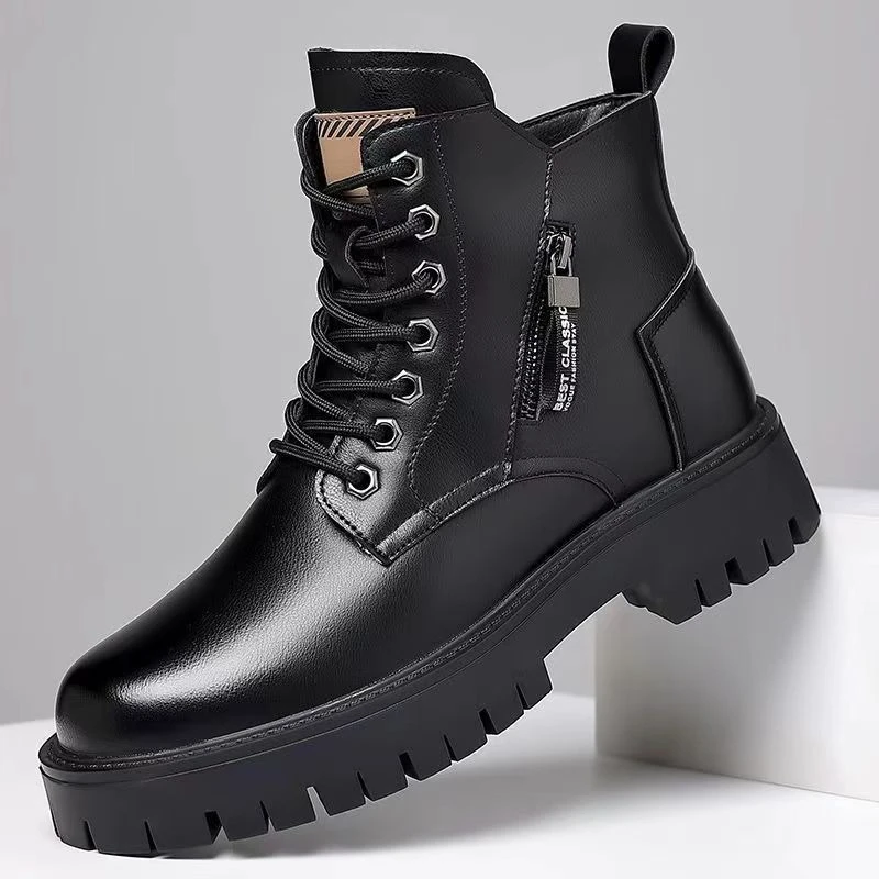 2026 Spring Autumn Side Zip Thick Sole Cargo Ankle Boots Unisex Platform Chunky Heel Glossy Leather Lace Up Short Boots