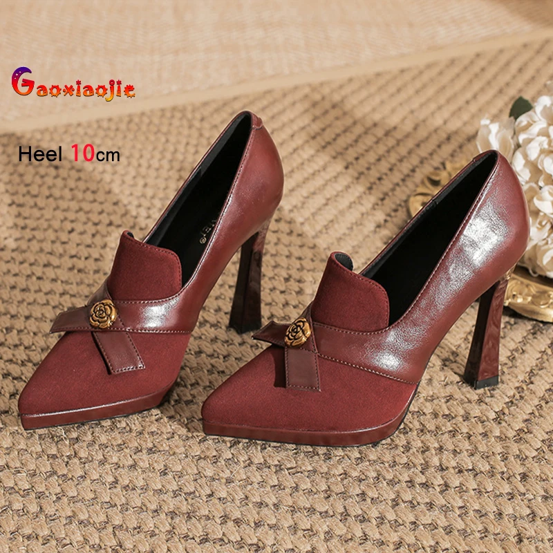 

Женские замшевые туфли-лодочки в стиле ретро на высоком каблуке 10 см на тонком каблуке, осенние туфли-лодочки с острым носком на толстой подошве, модная женская обувь с бантом
