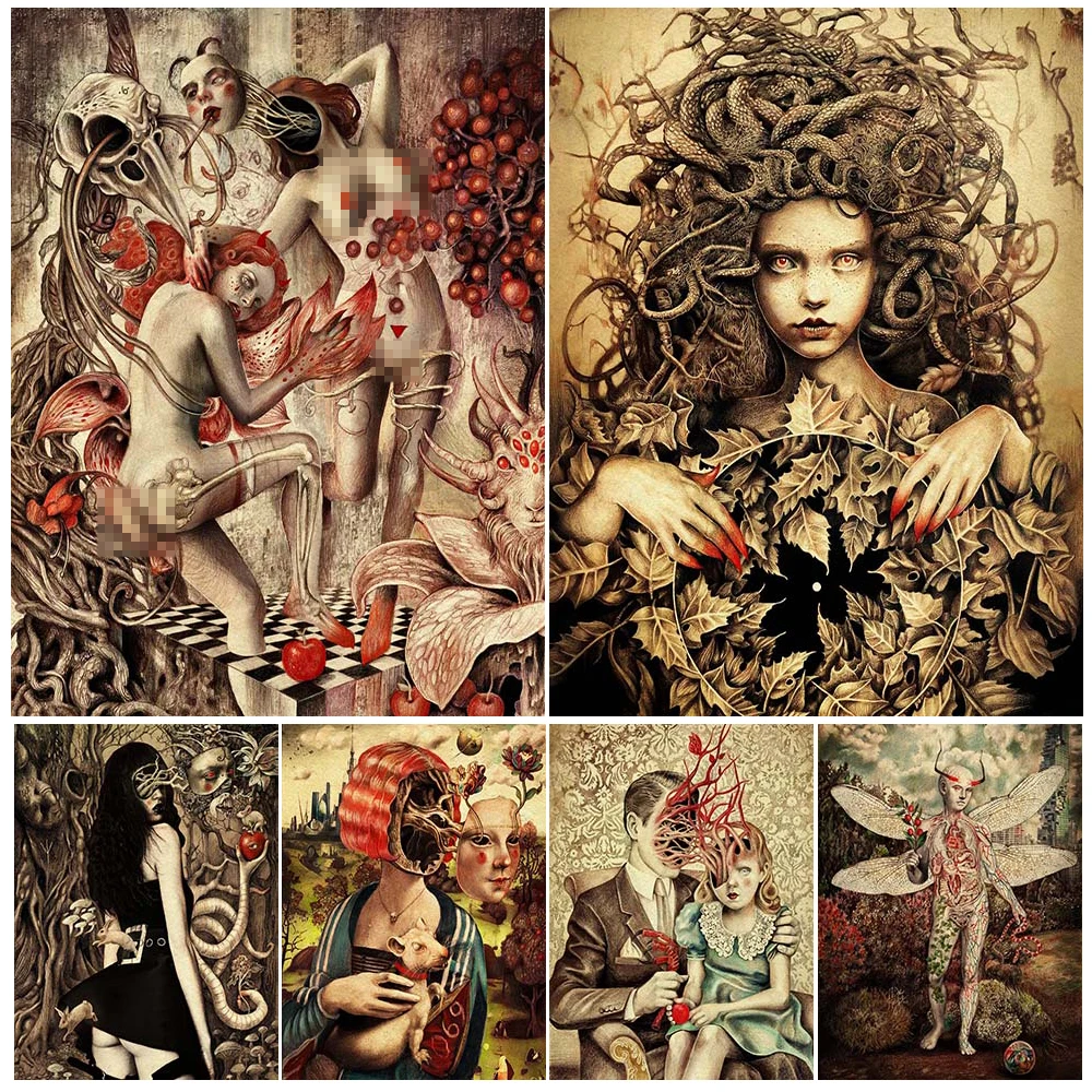 

Death Wheat Field And Medusa Vintage Wall Art Canvas Painting Dragonfly Demon Horror Creature Art Poster Print Home Decoration