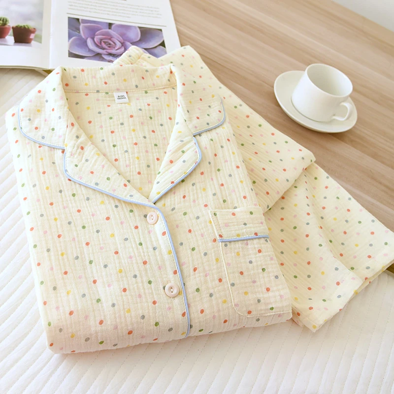 

2-Piece Plus Size Women's Cotton Double Gauze Pajama Set, Sweet Floral Print Lapel Collar Long Sleeve, Lightweight Breathable Lo