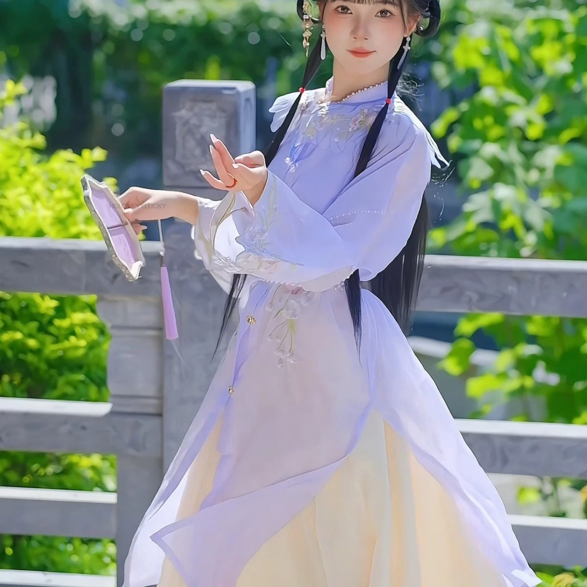 Chinese Daily Summer ming-style Modified Stand Collar Long Shirt And waist-pleated Skirt Set Cloud Shoulder Women Fairy Hanfu