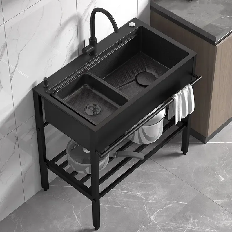 Large Single Bowl Honeycomb Embossed Stainless Steel Kitchen Sink with Bracket Integrated Floor Standing Vegetable Basin for