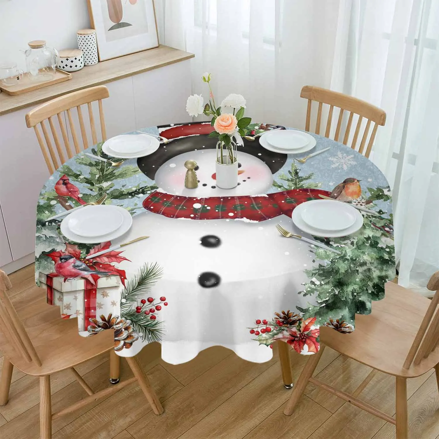 Christmas Snowman Tree Gift Snowflake Mockingbird Waterproof Tablecloth Table Decoration Wedding  Dining Room Round Table