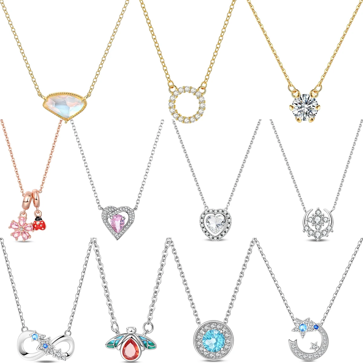 925 Sterling Silver Dainty Gem Pendant Necklaces Heart Moon Star Bee Infinity Multicolor Stone Necklace Daily Stackable Jewelry
