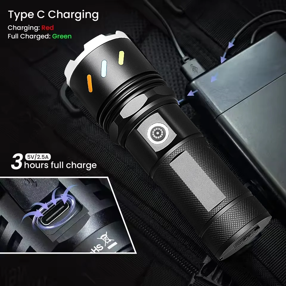 2025 Latest Rechargeable Led Flashlight Most Powerful Torch Light 4500mAh 8 Modes Power Bank Long Range Lamp for Camping Fishing