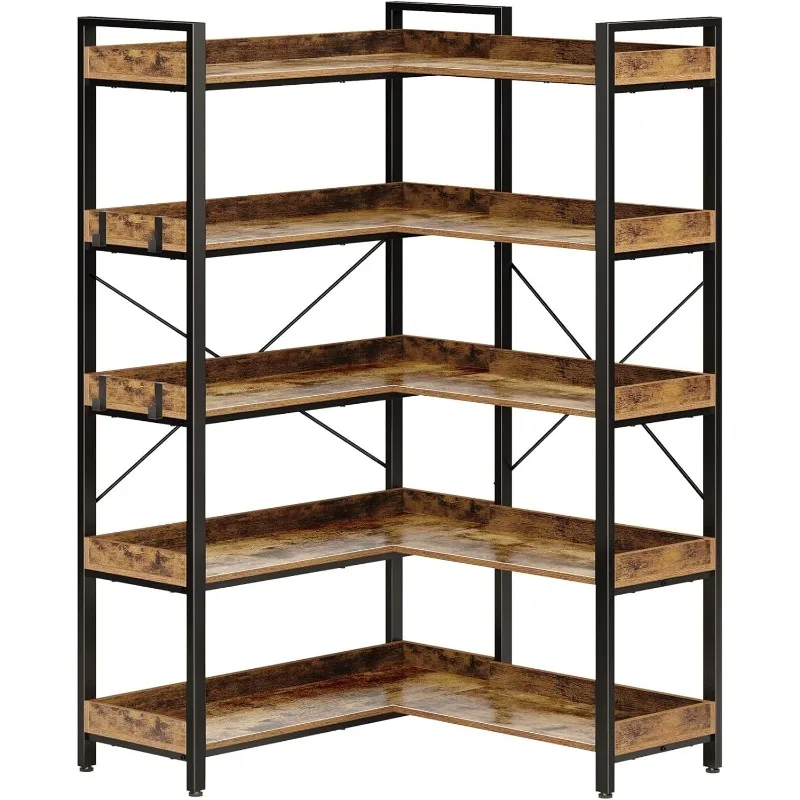 Bookcase 5 levels, 4 hooks, reversible corner bookcase, 65 