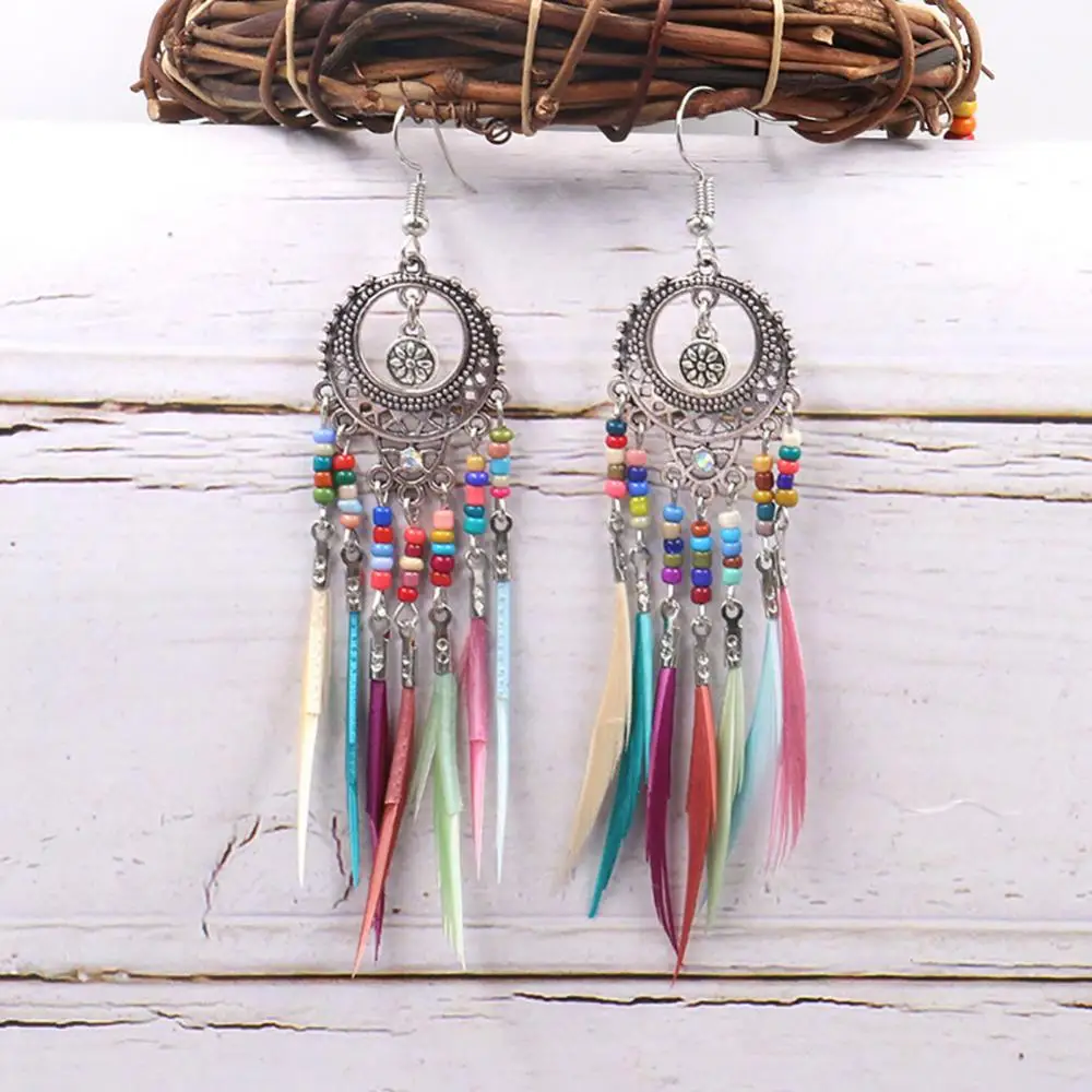 Hook Earrings Jewelry Boho Women Hollow Carved Circle Feather Tassel Dangle