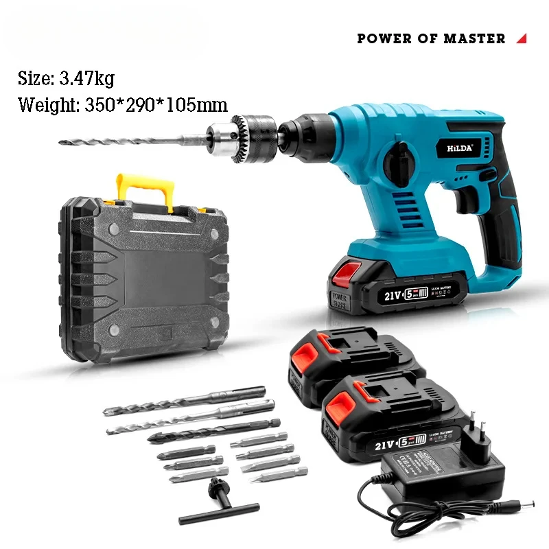 Hilda 21V Cordless Power Tools 26mm Lithium Electric Hammer Drill For Concrete Wood Drilling Impact Drill Set