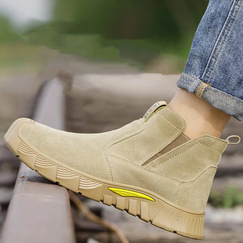 

men fashion steel toe caps safety boots slip-on work shoes cow suede leather ankle botas worker security sneakers safe footwear