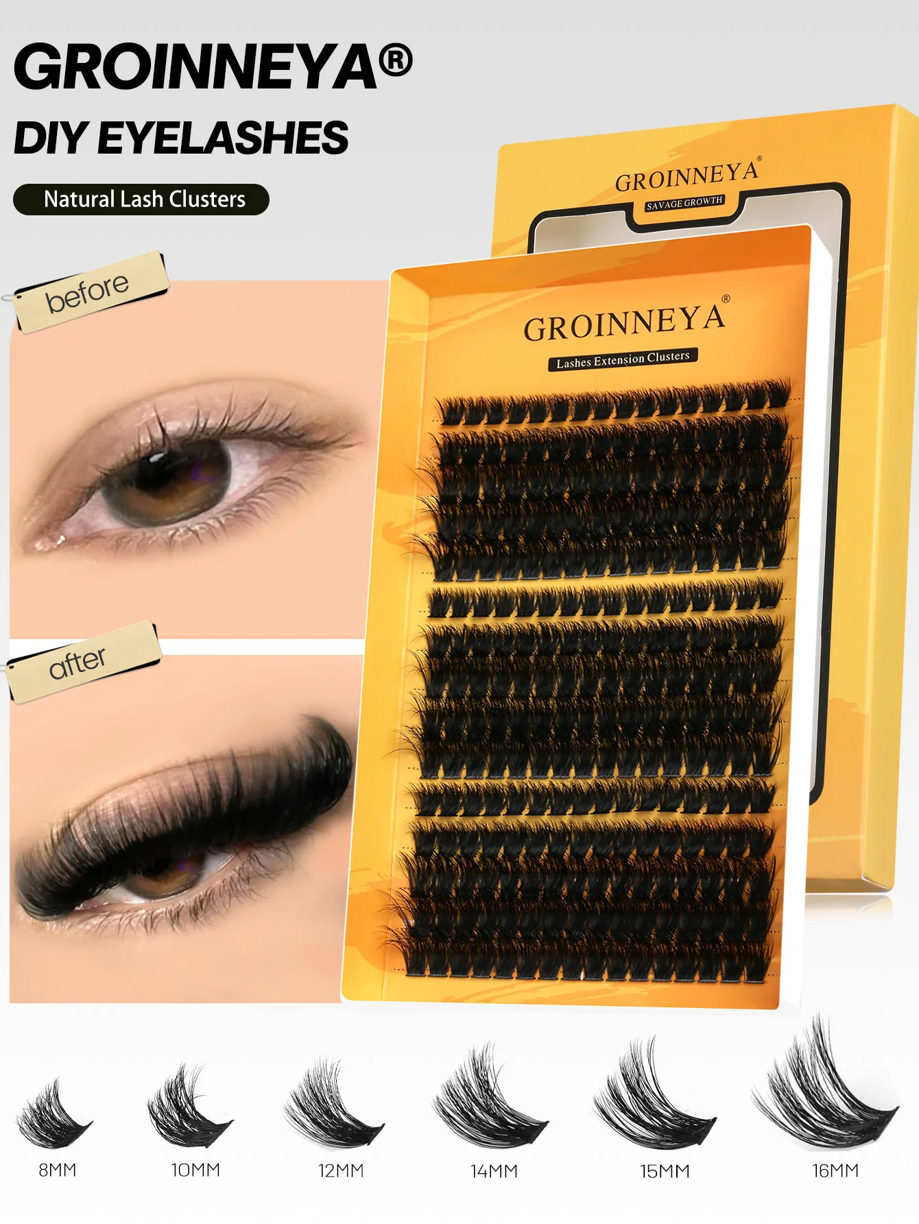 GROINNEYA Cluster Lashes DIY Eyelash Extension C Curl Long Individual Lashes Mixed Tray Faux Mink Lash Clusters Extensions