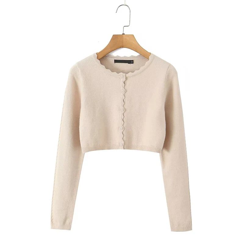

YENKYE 2025 Women Long Sleeve O Neck Wavy Edge Knitted Cardigan Casual Autumn Short Knitwear Tops