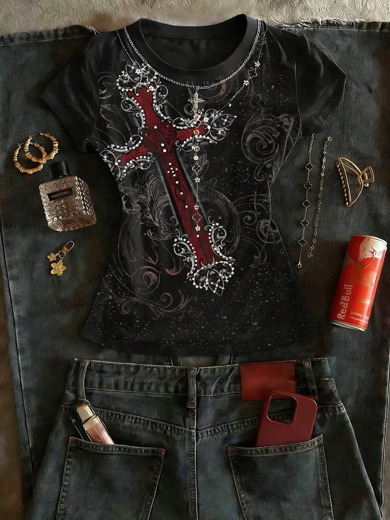 

Women's Black Cross Graphic Tee, Rhinestone Ornate Scroll Print Crew Neck Short Sleeve Fitted Top, Gothic Y2K Punk Vintage Streetwear T-Shirt