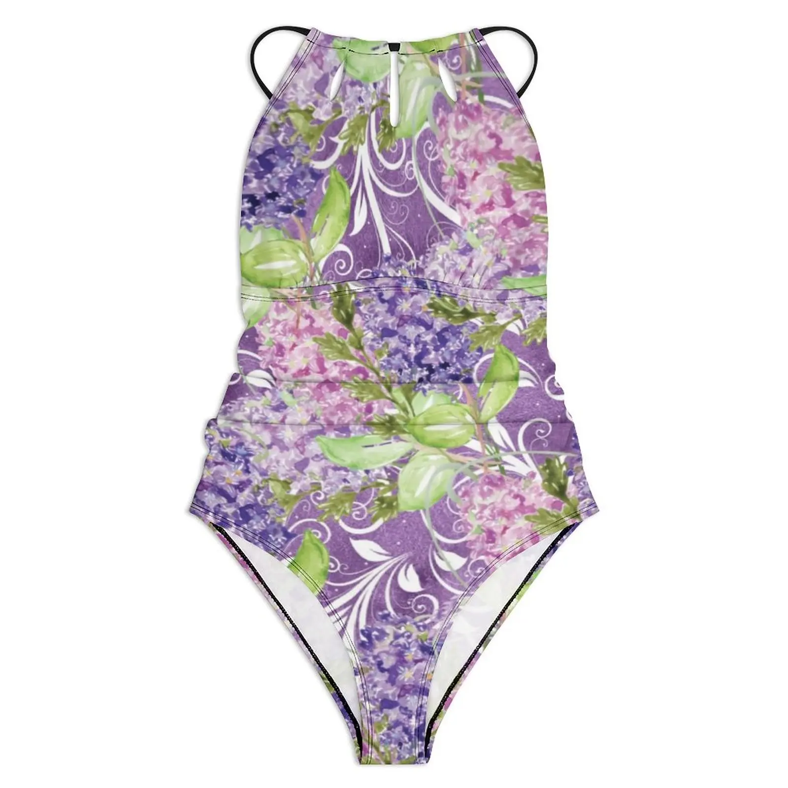 Purple Floral Print Swimsuit Watercolor Flowers Push Up Swimwear One Piece Holiday Monokini Swimsuits Sexy Graphic Beach Wear