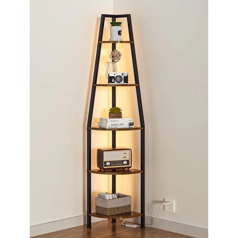 

5-Tier Corner Shelf with LED Lights, 67.2" Tall Freestanding Storage Rack for Bedroom or Living Room in Rustic Brown