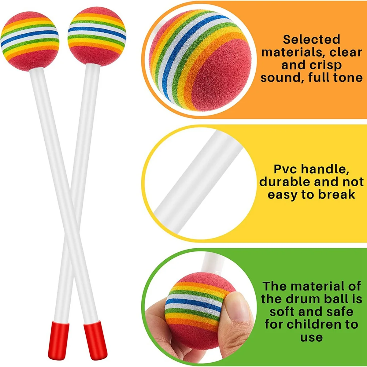 12 Pcs Lollipop Drum Mallet Sticks Round Rainbow Hammer Percussion Sticks Drumsticks for Kids Child Mallet Musical Toy Rich