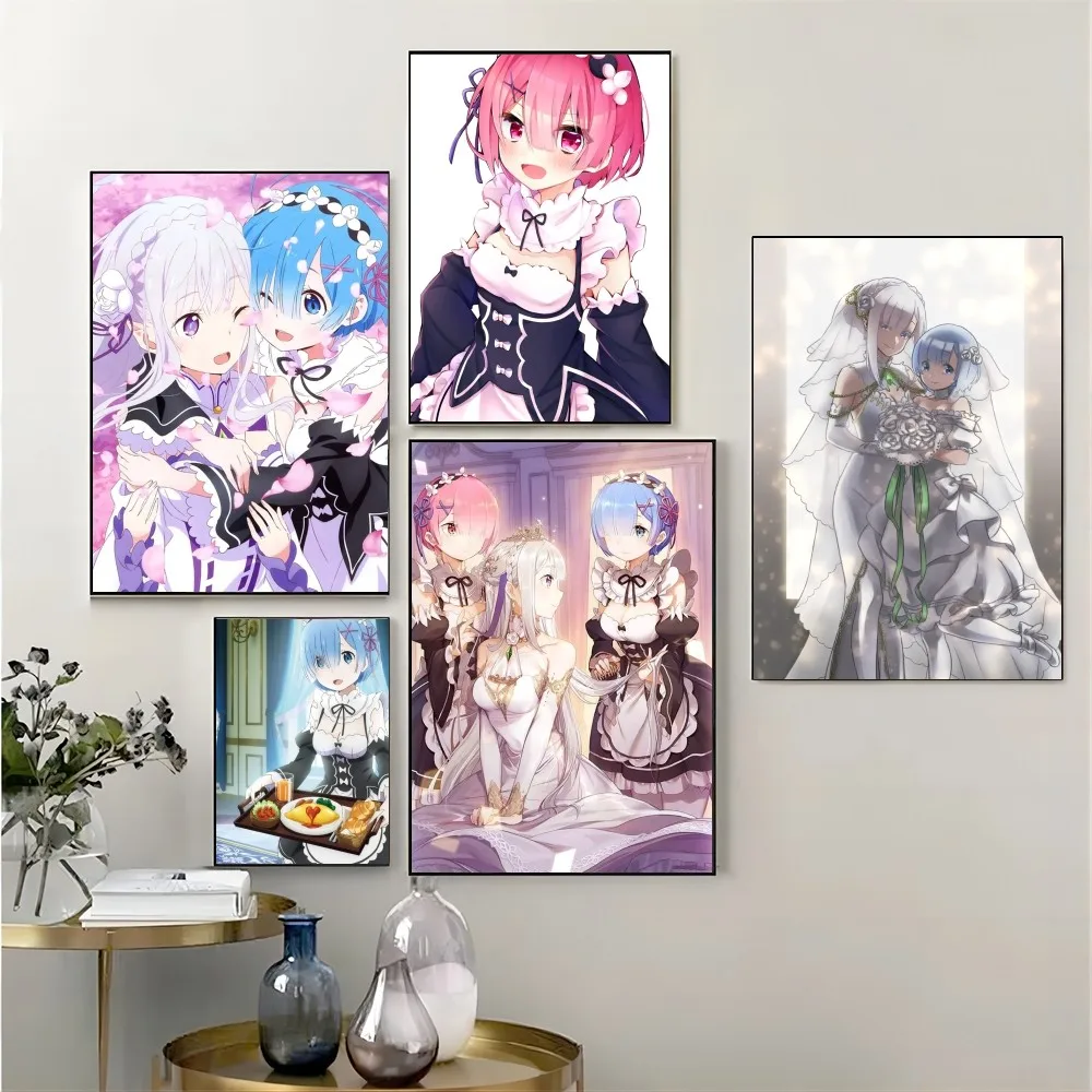 1pc Re Zero Kara H-Hajimeru Emilia Rem Ram Self-adhesive Art Poster Waterproof Paper Sticker Coffee House Bar Room Wall Decor