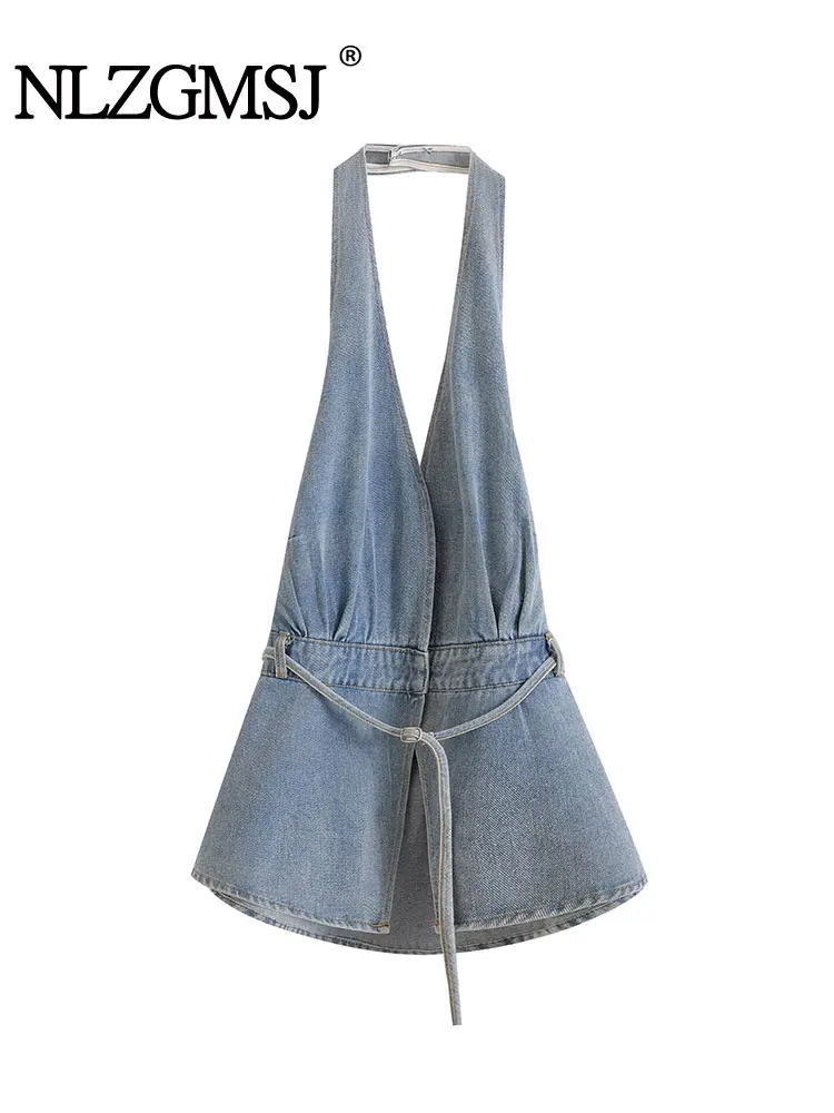 

TRAF 2025 Summer Vintage Denim Casual Sexy Women Vest Solid Halter Sleeveless Lace-up Mini Vestidos New Fashion Vest