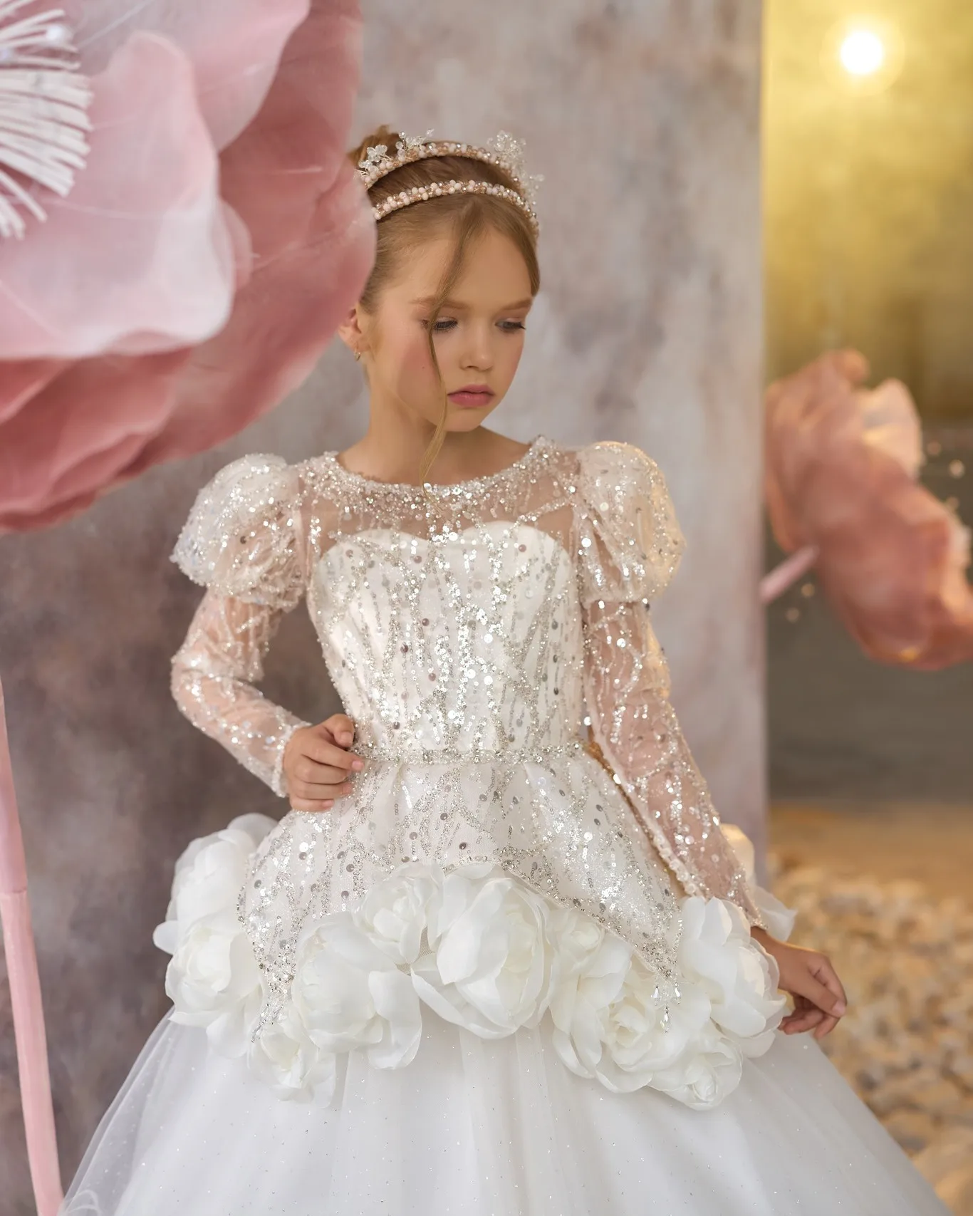 White Sequined Flower Girl Dresses For Wedding Customized Long Sleeve Litter Kids Baby Birthday Gowns First Communion Dresses