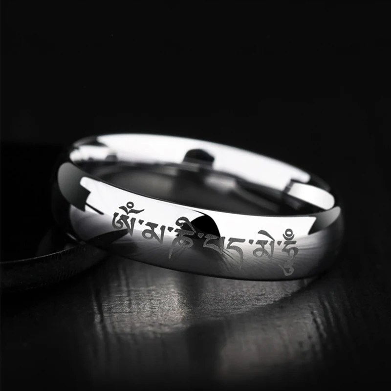 6MM Silvery Sanskrit Buddhist Charm Stainless Steel Ring Prayer Lucky Religious Jewelry Gift for Men and Women Om Mani Padme Hum