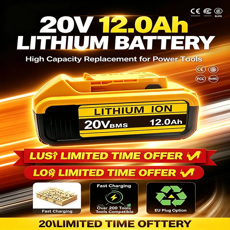 100%For DeWalt 20V MAX Lithium‑Ion Battery 6.0Ah 8.0Ah 12.0Ah Replacement For DCB203 DCB205 Cordless Angle Grinder Impact Tools