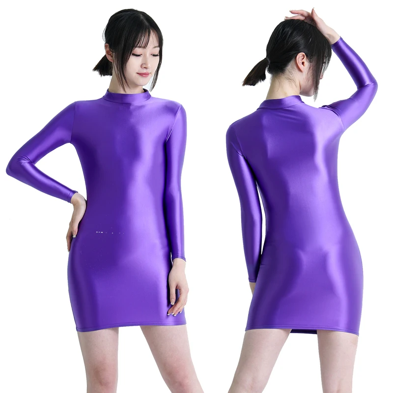 sexy oil Glossy buttocks dress elastic slip tight skirt high neck long sleeve smooth casual sports skirt Plus Size Bodycon