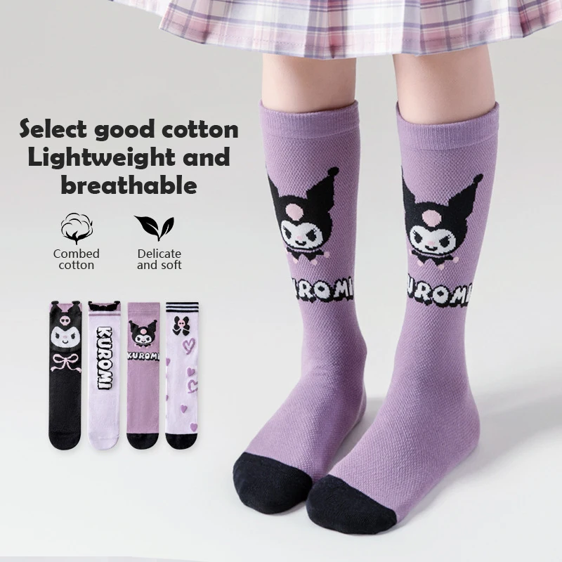 Sanurgente-Chaussettes mi-mollet respirantes pour filles, chaussettes longues au genou, fines, Hello Kitty, Kuromi Cinnamoroll, été