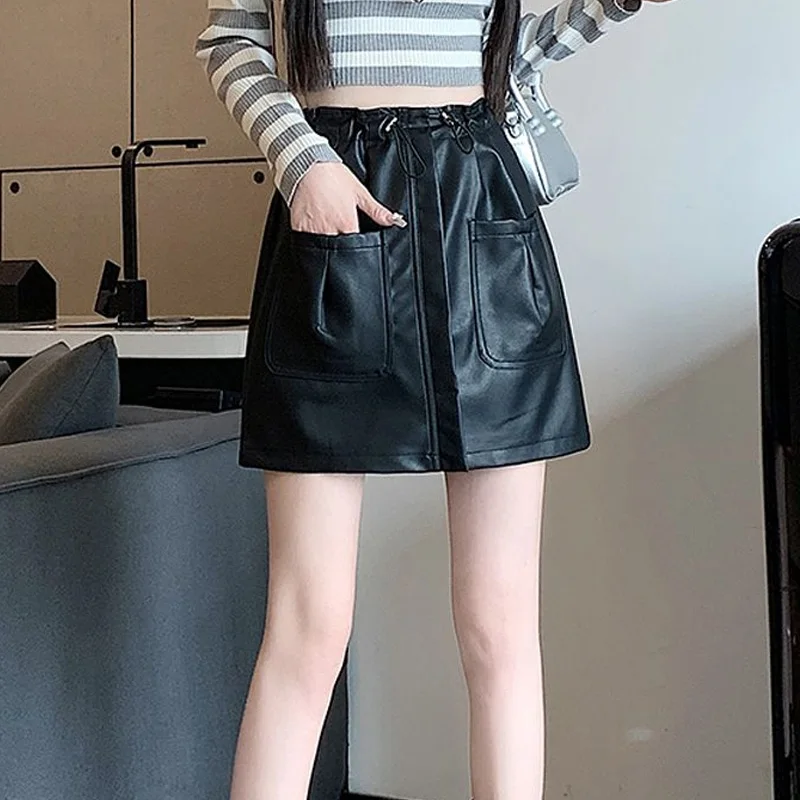 Young Style Streetwear Women Clothing Young Style Streetwear Casual Fashion Loose Solid Color Drawstring Patchwork Pocket Skirts