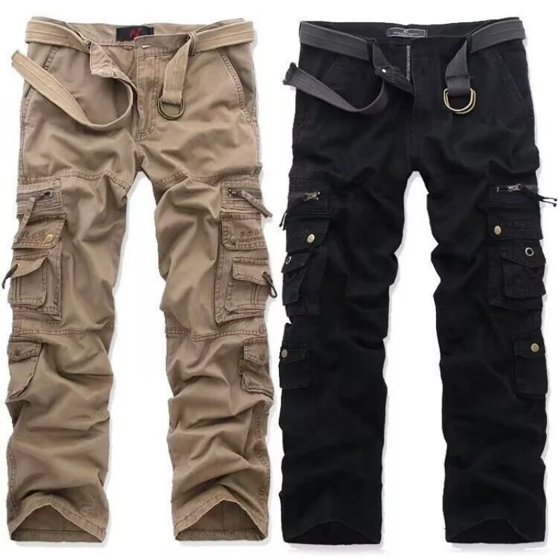 2024 Spring Men's Cotton Cargo Pants Casual Multi-Pocket Loose Work Overalls Full Length Motorcycle Slacks