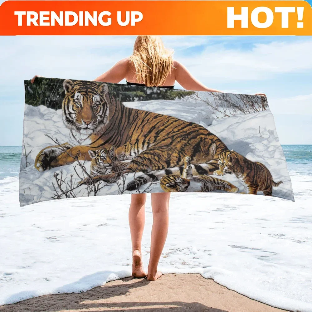 Custom Snow Animal Tiger Beach Towel Luxury Cute Sports Quick-dry Microfiber Bath Towels Yoga Mat Camping Swimming Towels Women