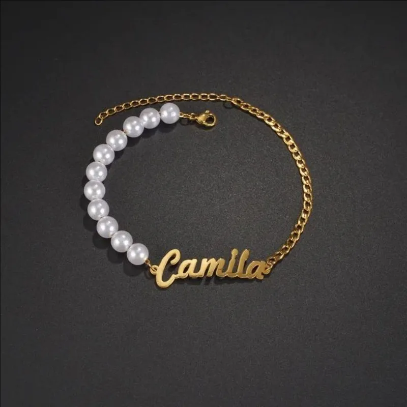 Customized Name Beads Bracelet Personalized Thick Bell Chain For Women Stainless Steel Gold Color Bangle Chrismas Gift