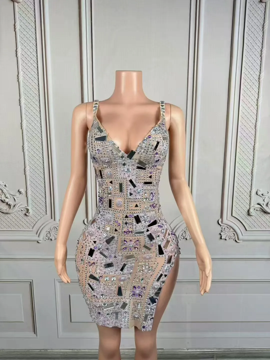 

Rhinestones Mirrors Sexy Mesh See ThroughBandage Backless Short Dress Women CelebrateBirthday Prom Photoshoot Dress D285