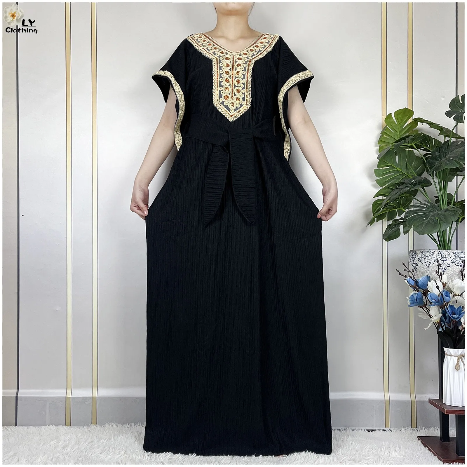 

Dubai For Women Loose Casual Clothing Muslim Abayas Femme Short Sleeve Robe 2024 New African Islam Traditional Dresses With Belt