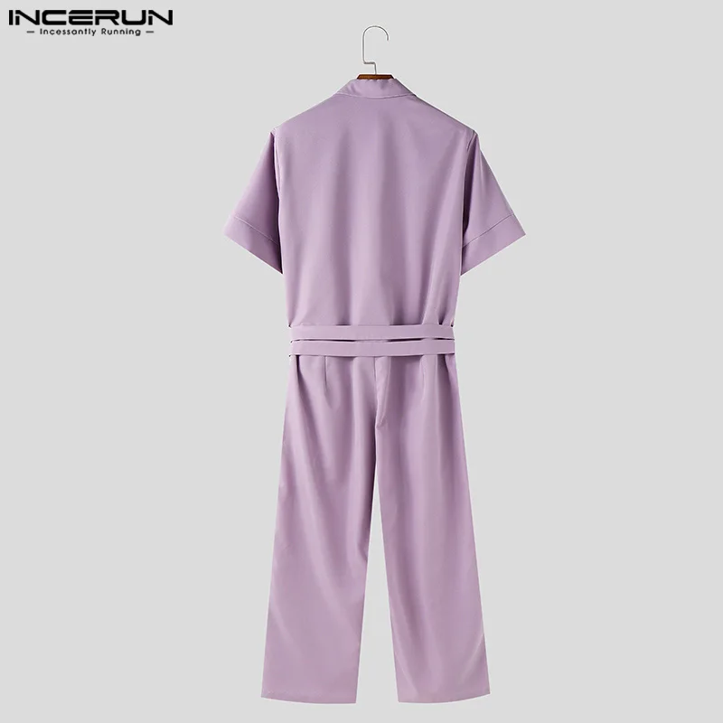 INCERUN hommes combinaisons couleur unie revers à manches courtes homme Blazer barboteuses Streetwear 2025 été ample mode salopette S-5XL