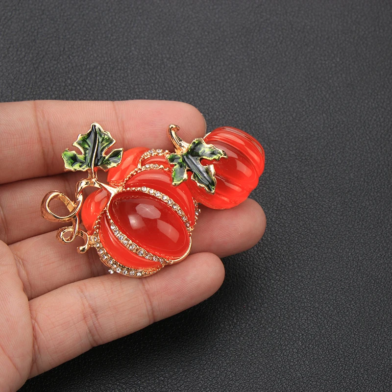 Vintage Pumpkin Brooch Pin Enamel Leaf Rhinestone Crystal Fall Harvest Lapel Pin Jewelry