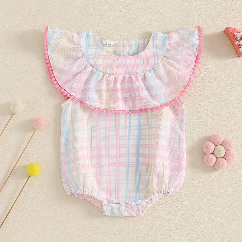 Adorable Toddler Girls Sleeveless Romper with Round Neckline and Colorful Rainbow Plaid Design for a Stylish Summer Look