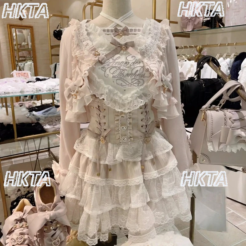 

Japanese Sweet Lolita Lace Big Heart Cross Strap Long Sleeve Blouse Spring New Mass-Produced Cute Princess Shirt Pleated Skirt