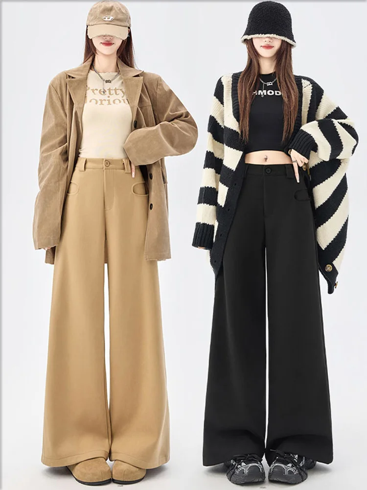 

American style woolen wide leg pants women autumn and winter thick and warm loose and high waisted slim suit floor pants