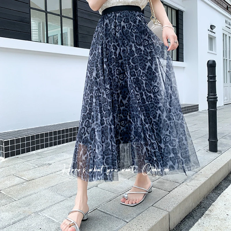 Pleated Leopard Skirt Women Spring Summer Mesh Tulle Skirt Casual Elastic High Waisted Large Swing Midi Long Skirt