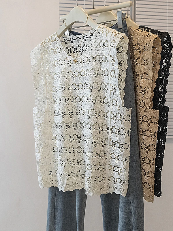Bohemian Lace Hollow out round Neck Vest Women Summer New Korean Version Ageless Bright Line Decoration Sleeveless Cover up