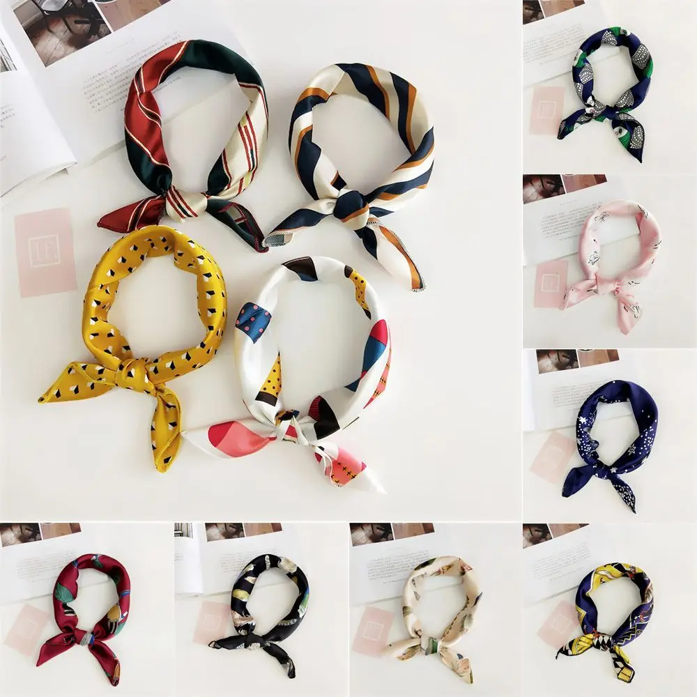 Summer Small Vintage Women Silk Feel Satin Hair Tie Band Square Scarf Head Neck