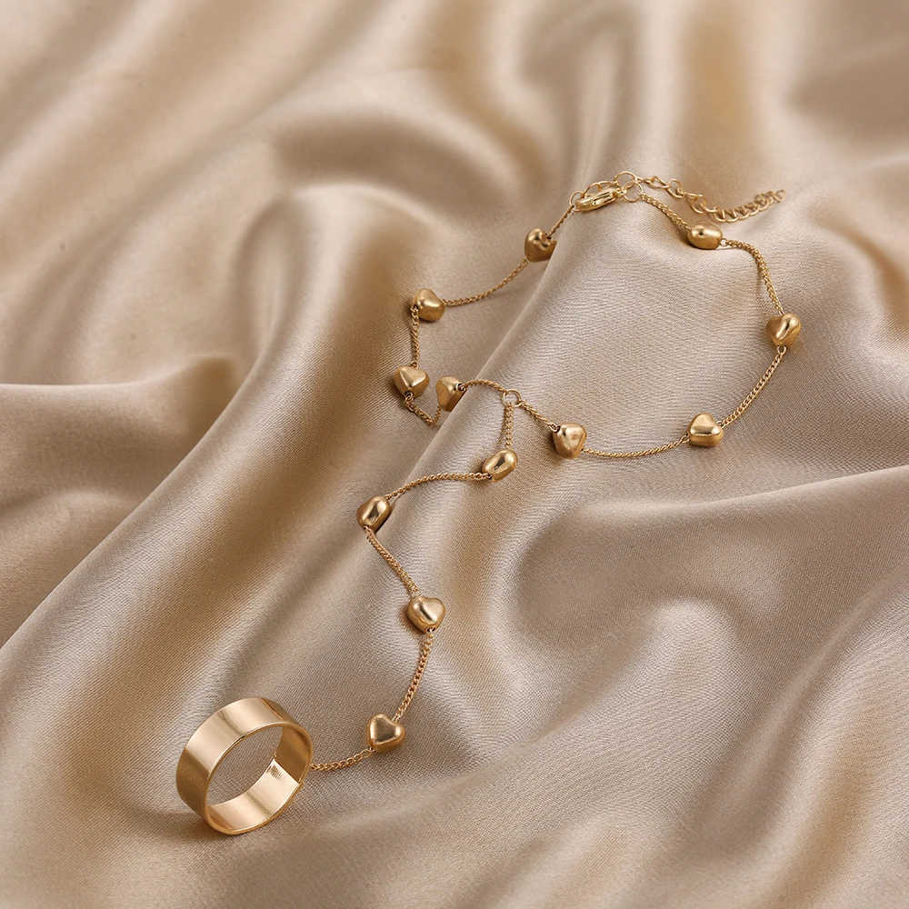 Dainty Heart Pendant Chain Bracelet Link Connected Gold plated Wide Finger Ring Bracelets for Women Link Hand Harness Jewelry
