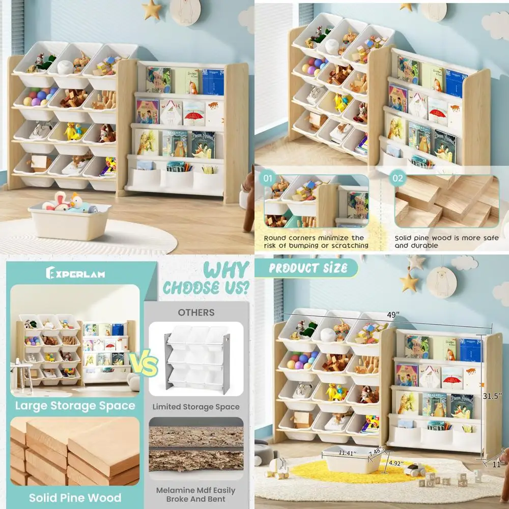 نظام تخزين ألعاب وكتب الأطفال مع 12 صندوق تخزين أبيض و4 أرفف #1