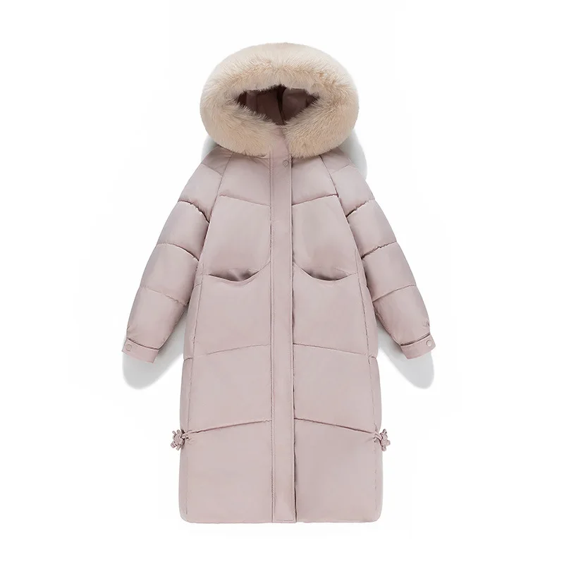 เสื้อแจ็คเก็ตพาร์กาสำหรับผู้หญิงฤดูหนาว แขนจั๊มยางยืด แต่งขนเฟอร์เทียม กระเป๋าแต่งขอบ ฮู้ด เสื้อโค้ทยาวคลุมเข่าสำหรับผู้หญิง